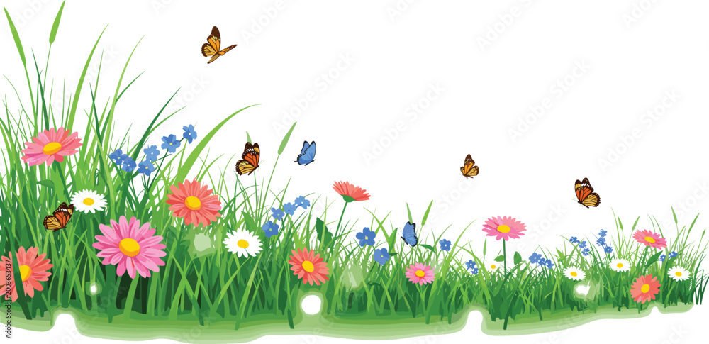 Fototapeta premium Spring meadow border vector illustration featuring colorful wildflowers, grass and butterflies in bright natural landscape design