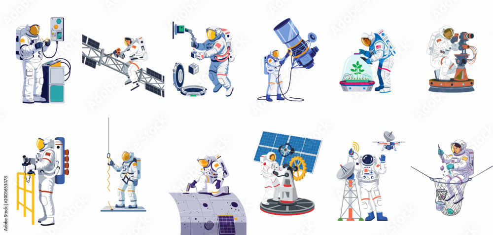 Fototapeta premium Collection of twelve illustrations featuring astronauts performing diverse space exploration, research, engineering, and scientific tasks in a futuristic setting.