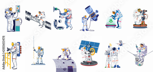 Collection of twelve illustrations featuring astronauts performing diverse space exploration, research, engineering, and scientific tasks in a futuristic setting.