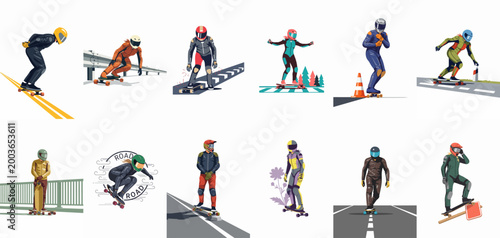 Collection of vector illustrations featuring downhill longboarders in full protective gear and helmets racing on various road backgrounds.