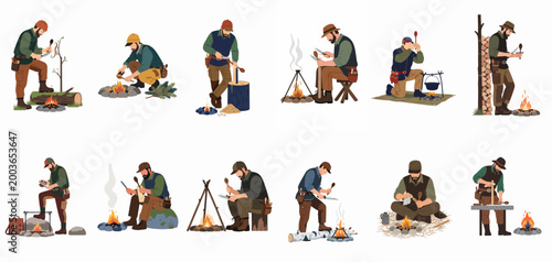 Collection of illustrations depicting a man woodcarving wooden spoons and practicing bushcraft skills around a campfire in the outdoors.