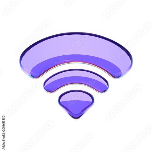 Violet glass wifi symbol with liquid effect on white background