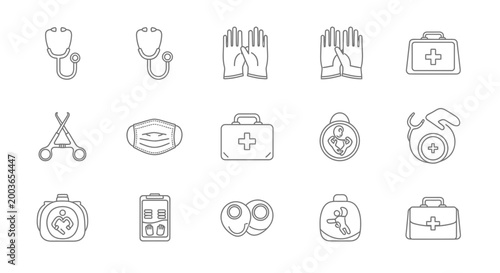 Canvas Print Medical Icons Set: Stethoscope, Gloves, First Aid Kit, Surgical Tools, Mask, Cli