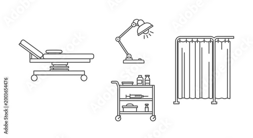 Foto Medical Exam Room Equipment - Bed, Cart, Lamp, and Screen in Outline Style