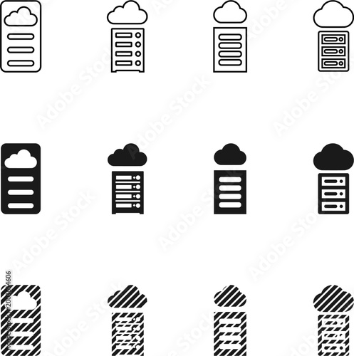 Cloud server icons set, stylized data storage icon, thin line servers negative space icons,  database technology computing, 