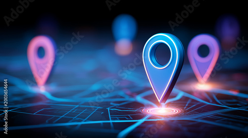 Map location pins standing on a digital route layout, illustrating navigation technology, geolocation tracking, and connected destinations.
