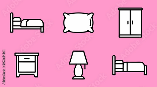 Set of clean vector icons depicting essential bedroom furniture and accessories for modern interior design and simple home decor projects