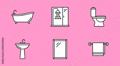 Set of bathroom fixture line art vector icons showcasing a bathtub shower toilet sink mirror and towel on pink background