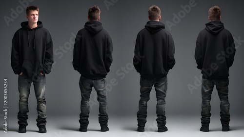 Man in Black Hoodie and Jeans Posing in Front of Grey Background.