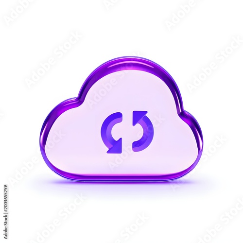 Glossy purple cloud icon with sync symbol, cloud sync