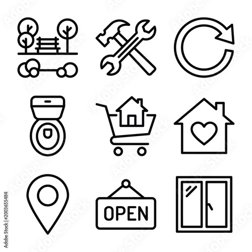 Facility maintenance and home improvement outline icons with maintenance improvement construction bathroom shopping