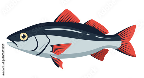 Stylized Fish Illustration: Aquatic Animal with Red Fins and Dark Blue Body
