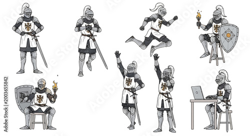 Collection of Knights in Various Poses and Activities.
