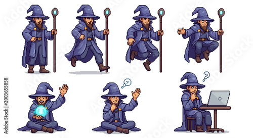 Cartoon wizard with magic staff poses.