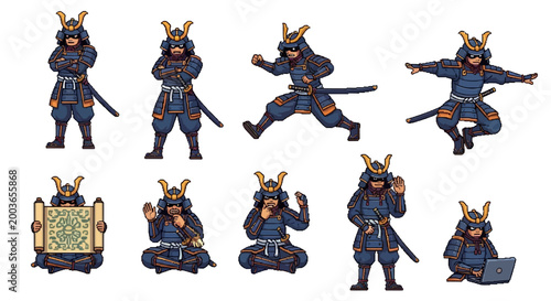 Collection of Samurai Warriors Poses and Actions.