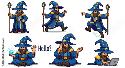 Cartoon wizard with beard blue hat.