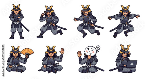 Cartoon samurai in various poses.