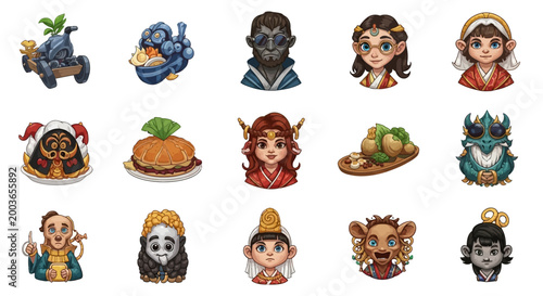 Cartoon characters and food items.