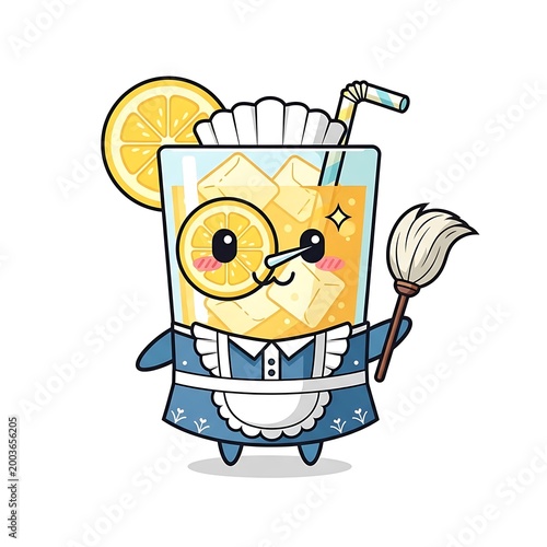 A cartoon-style illustration of a lemonade glass with cute eyes, wearing a maid outfit and holding a broom