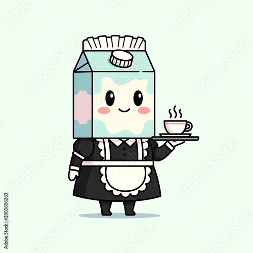 A cartoon-style illustration of a milk carton character dressed as a maid, holding a cup of steaming liquid