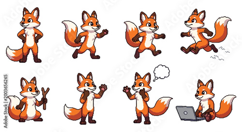 Cute cartoon fox character in various poses and actions.