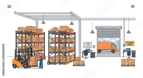 Warehouse Interior with Forklift and Delivery Truck.