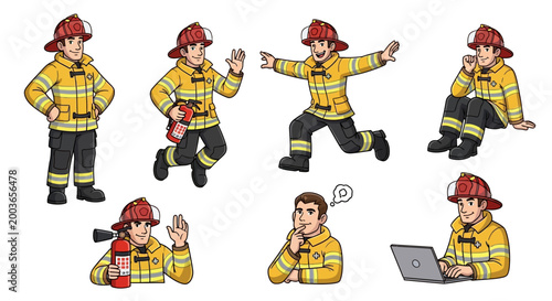 Set of Firefighter Characters in Various Poses and Actions.