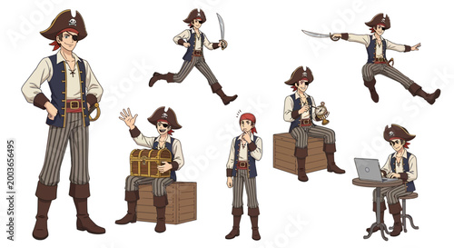 Tablou pe pânză Collection of Diverse Pirate Poses and Activities.