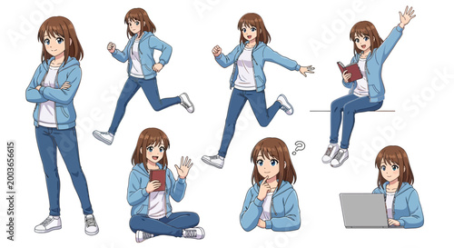 Young woman in various poses laptop.