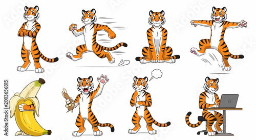Collection of Cartoon Tiger Poses and Activities.
