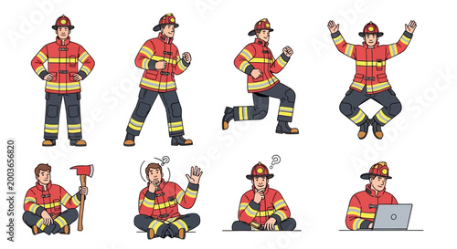 Firefighter Poses Collection Diverse Actions And Emotions.
