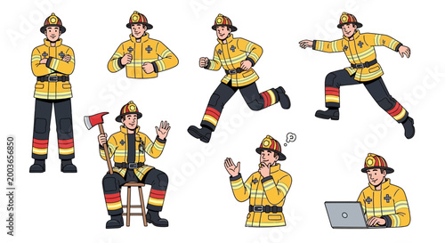 Collection of Firefighter Poses and Actions.