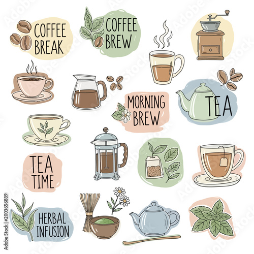 Tea and coffee still life collection.