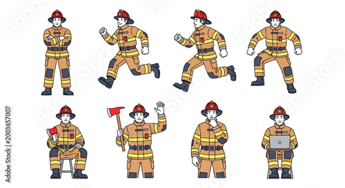 Firefighters in various action poses uniform.