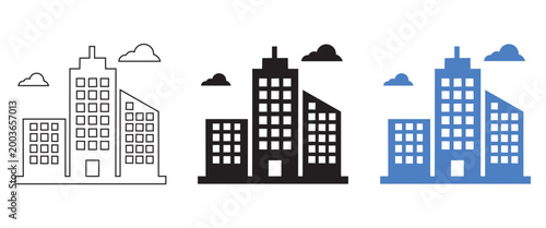 Building icon set outline solid and blue fill variations