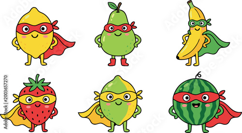 Cute Cartoon Superhero Fruit Character Collection Featuring Lemon Pear Banana Strawberry and Watermelon in Capes