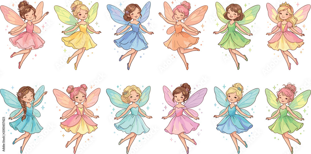 Obraz premium Adorable Collection of Colorful Magical Garden Fairy Characters With Sparkling Wings for Children Nursery and Fantasy Illustration