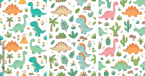 Adorable Collection of Seamless Dinosaur Patterns With Tropical Foliage Flowers and Volcanoes for Kids Designs