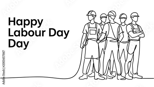Minimalist Line Art Group of Construction Workers Happy Labour Day Celebration Social Media Banner PNG