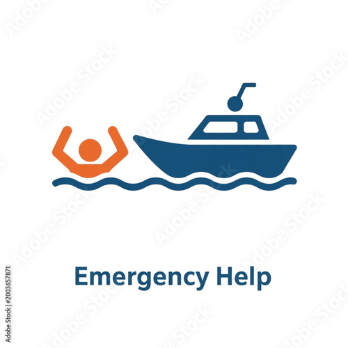 Emergency help icon with a person drowning in water and a rescue boat