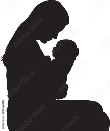 Mother holding newborn baby silhouette, loving mom and infant child vector illustration, maternal care and parenting concept graphic