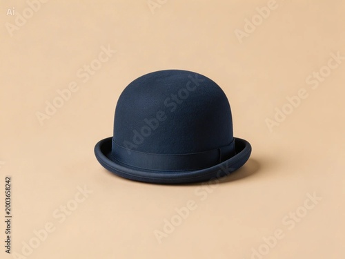 Fototapeta Stylish bowler hat, navy blue, solid beige background, maximum sharpness. 