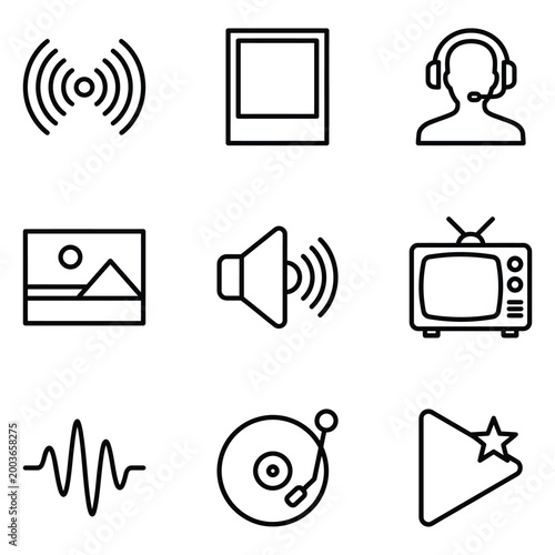 Multimedia and communications interface icons including audio streaming social connectivity and media player