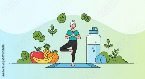 Woman practices yoga with healthy fruit and water bottle nearby on blue mat outdoors