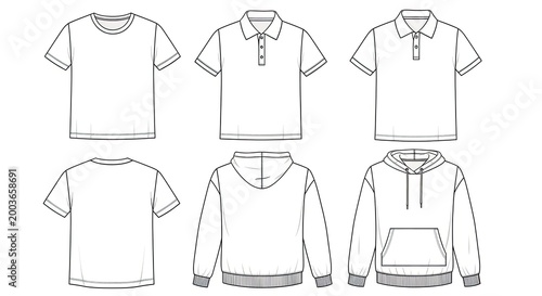 Clothing templates front and back views of shirts polos and hoodies