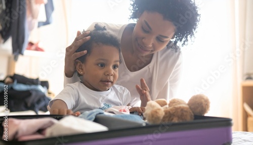 Loving mother helping her cute toddler child pack clothes and toys into a suitcase on bed