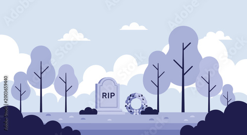 Cemetery scene with RIP tombstone and wreath, flat design, peaceful outdoor setting