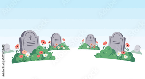 Cemetery with tombstones and flowers, peaceful memorial, eternal rest