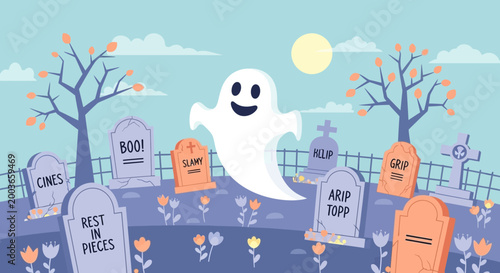 Tableau sur toile Cute Ghost Floating Over Gravestones in Spooky Halloween Cemetery