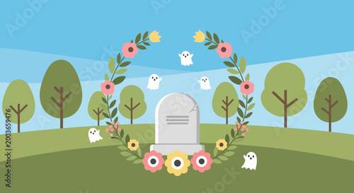Cute Ghosts and Tombstone in Flower Wreath at Cemetery - Halloween Concept